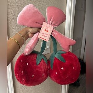 Strawberry Plush Decor with Pink Bow